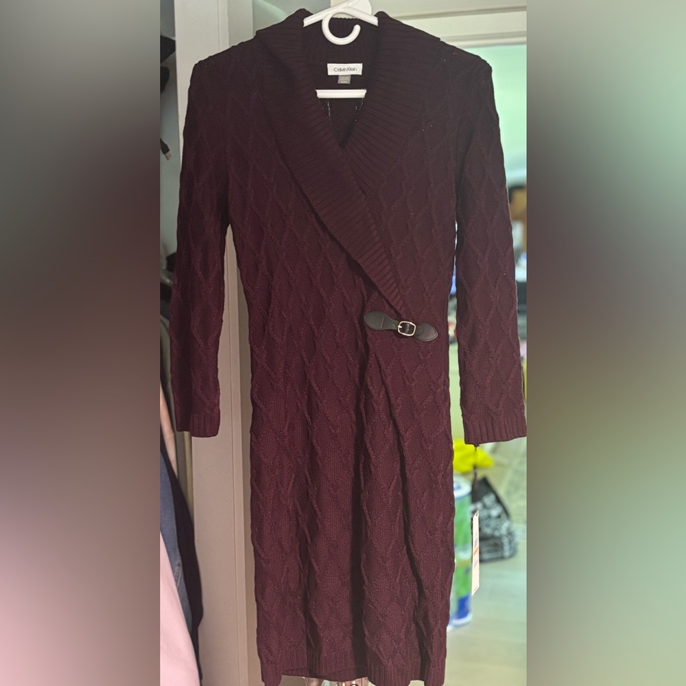 Calvin Klein Maroon Cable Knit Long Sleeve Dress
